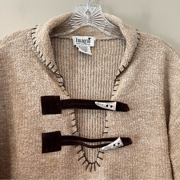 OOAK VTG Turkish Sweater Tan Toggle Horn Bone Buttons Brown Faux Suede Straps - Picture 2 of 11